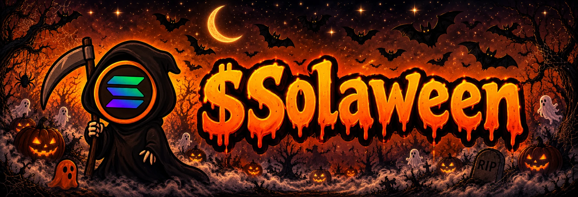 SOLAWEEN reaper beneath a crescent moon in a haunted pumpkin graveyard